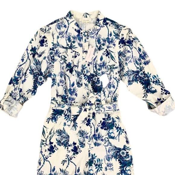 ANTHROPOLOGIE NWT Blue and White Floral Belted Jumpsuit Romper – Size 12 Large - Picture 7 of 13